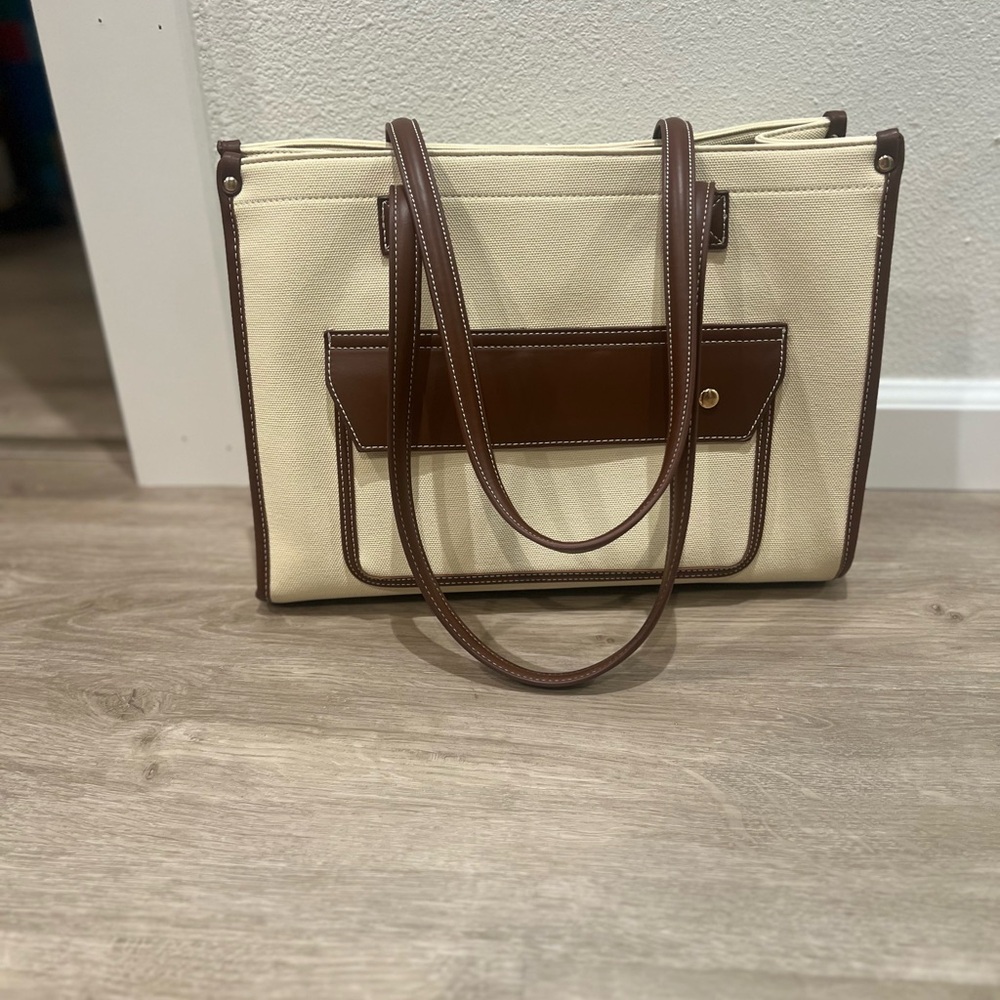 Miztique Cream Canvas Tote with Brown Trim